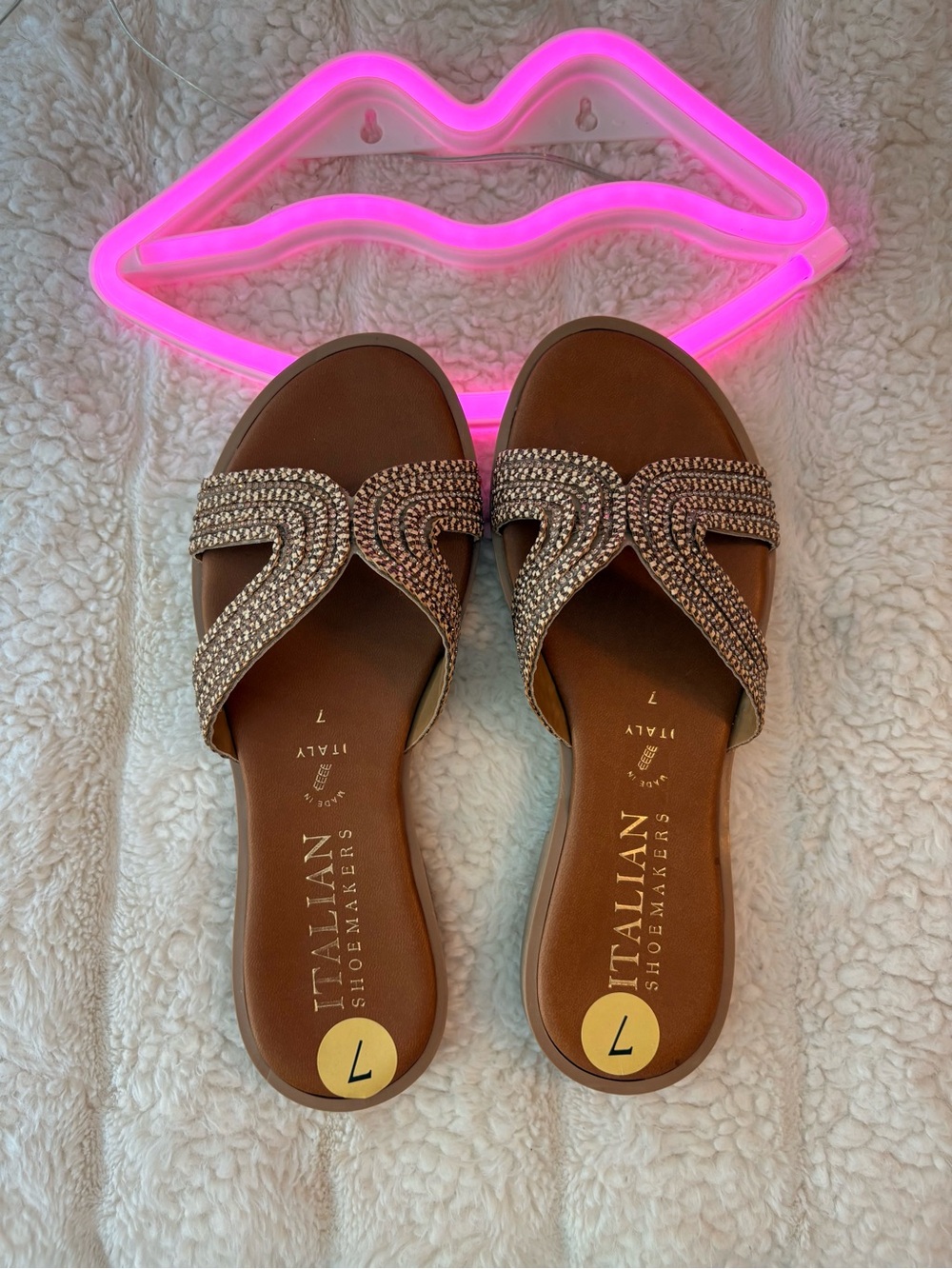 Italian Shoemakers Brown Slide Sandals with Crystal-Embellished Straps
